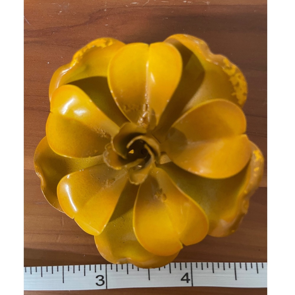 Vintage 1960s Yellow‎ Enamel Flower Brooch Mid Century Mod Metal Floral 2 Inch